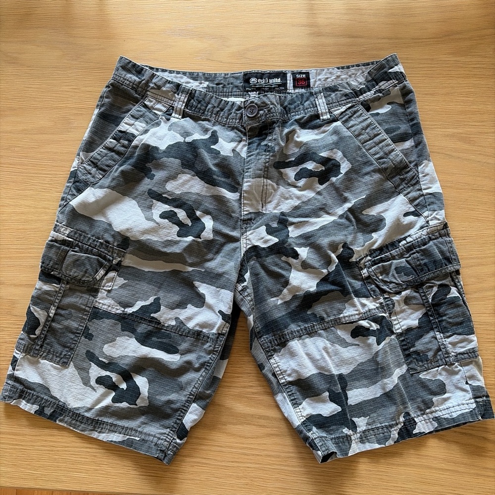 ecko unltd grey and black camo shorts